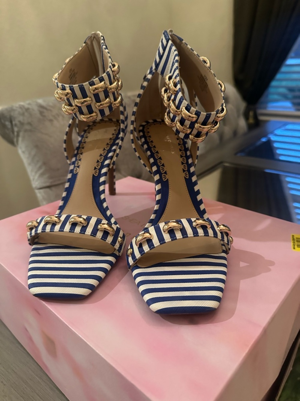 Gianni Bini striped Navy & White Ankle-Strap High Heel Sandals